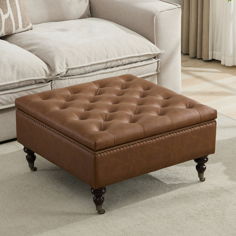 Daania Upholstered Square Tufted Storage Ottoman, Brown Leather
