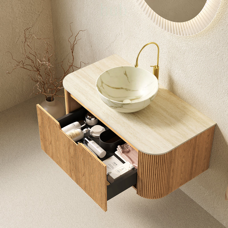 Meuble-lavabo flottant de 36 pouces avec bords arrondis, rangement rayé et lavabo en pierre matte, pré-assemblé pour une installation facile