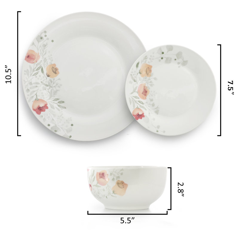  Service de table 12 pièces, service pour 4 Poppy, Fleurs pêche et blanches