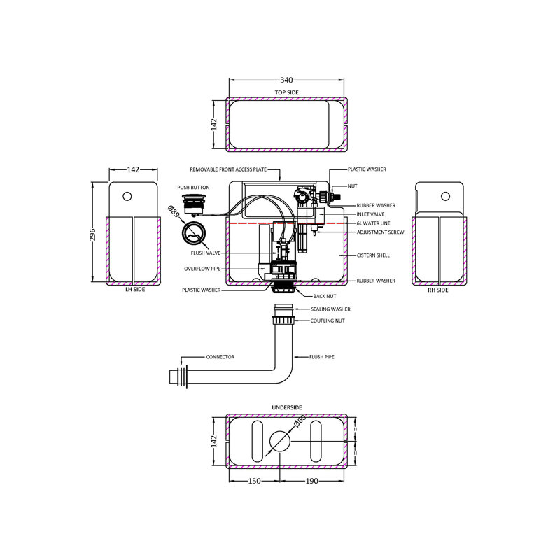 Pneumatic Dual Flush Universal Access Concealed Cistern