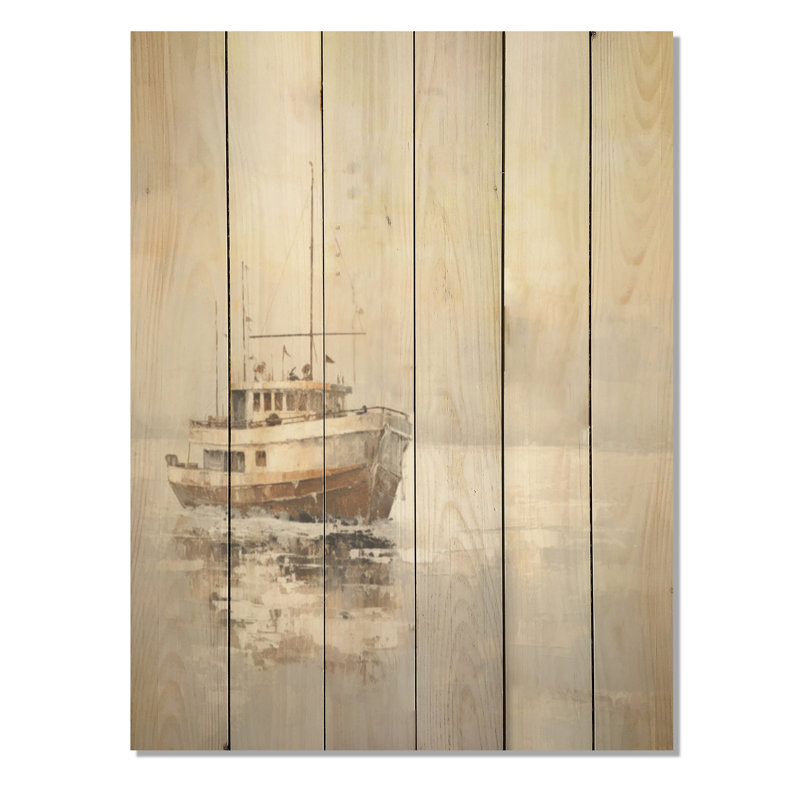 Minimalisme, bateau de pêche, horizon, bateau côtier, art mural sur bois de pin naturel, H 20 po x l 10 po