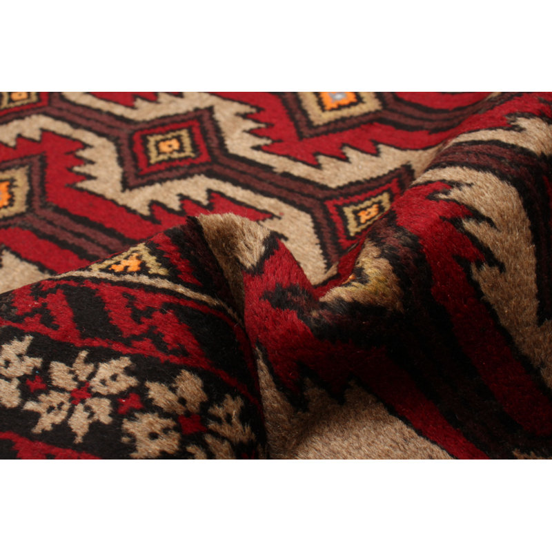 Tapis rouge / brun en laine noué à la main de conception unique 3 pi 3 po x 6 pi nouvel âge Konnor