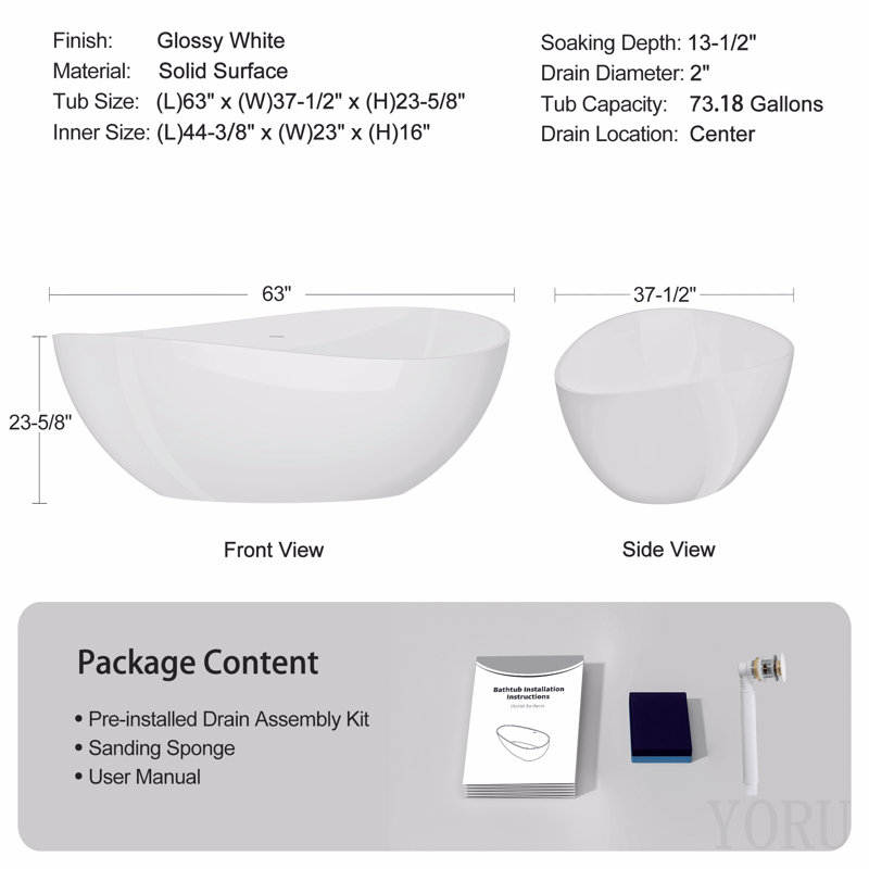 Baignoire autoportante de 63 po à surface solide, baignoire de trempage autoportante en résine d'ingénierie de luxe avec trop-plein et bonde escamotable pour salle de bain contemporaine, blanc brillant