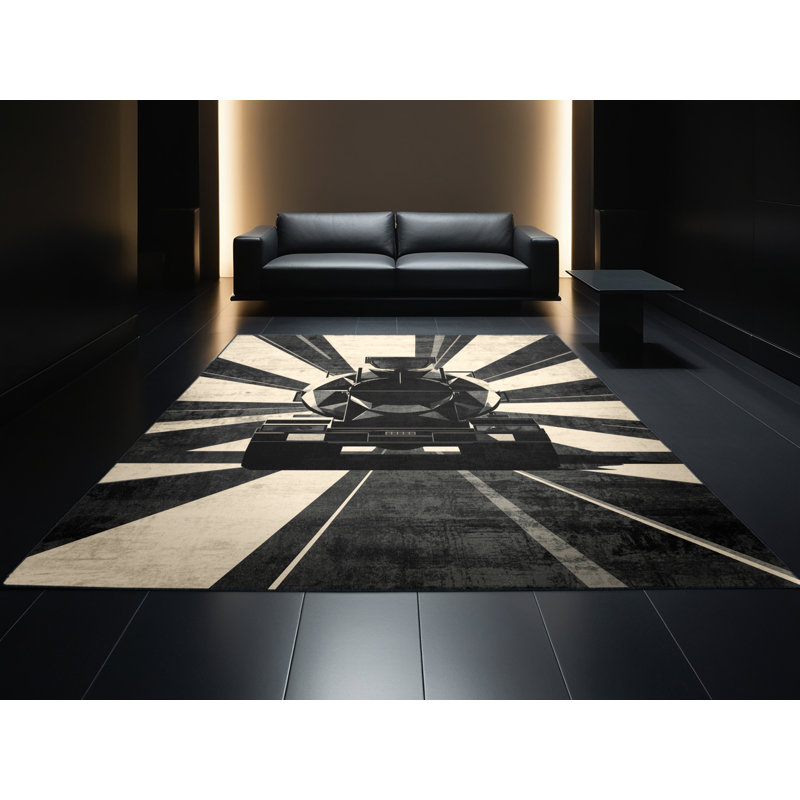 Tapis géométrique gris et noir lavable à la machine, 8x12