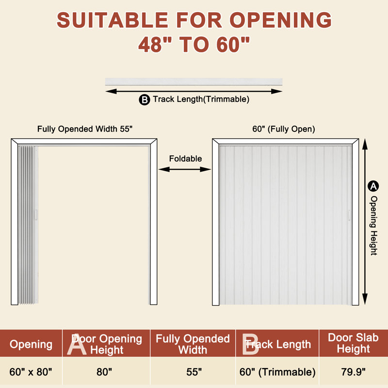 Porte accordéon 80 po à panneaux en PVC / vinyle, 60 po x 80 po, Blanc