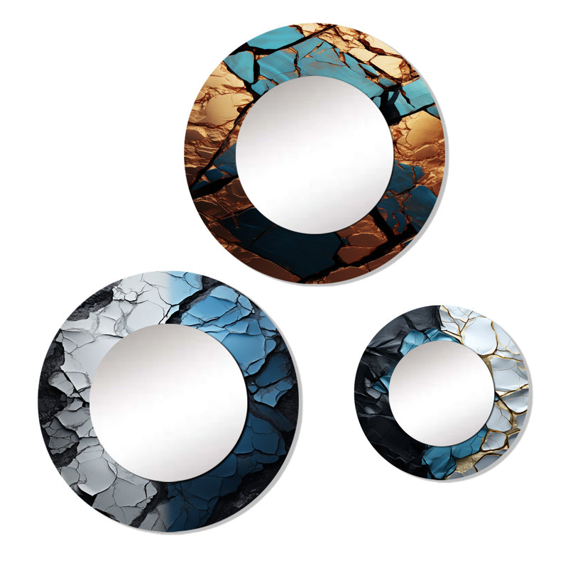 Turquoise White And Gold Marble Art I Metal Round Mirror