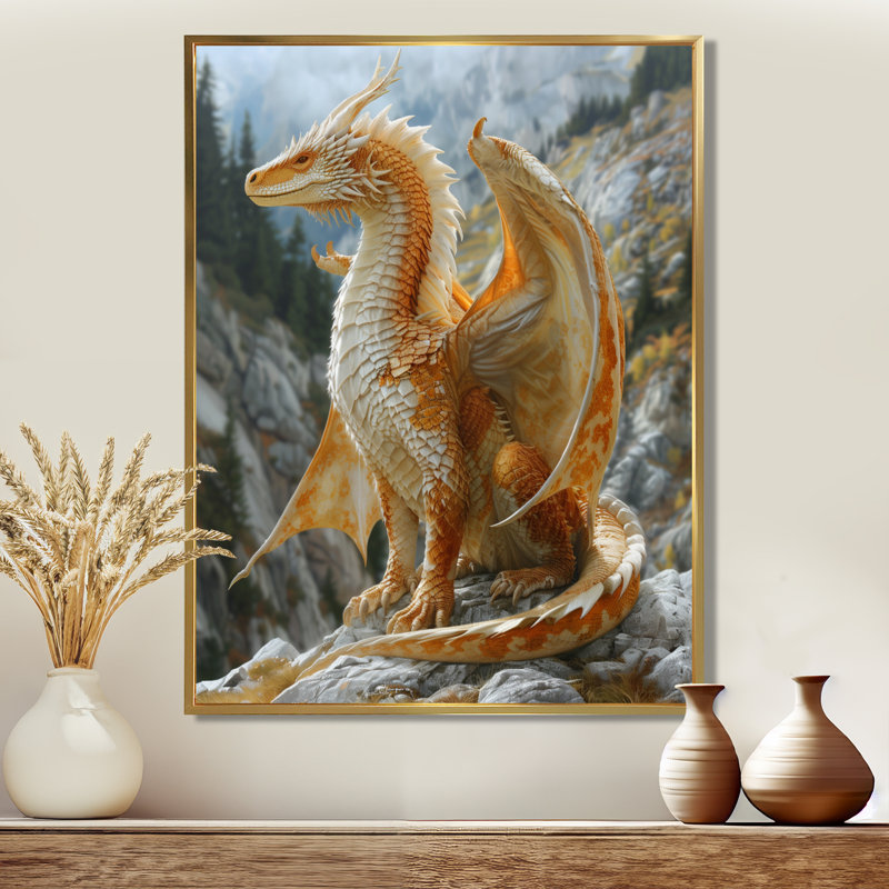 Décoration murale dragon jaune et blanc avec ailes dorées et dragons, Toile avec cadre flottant or