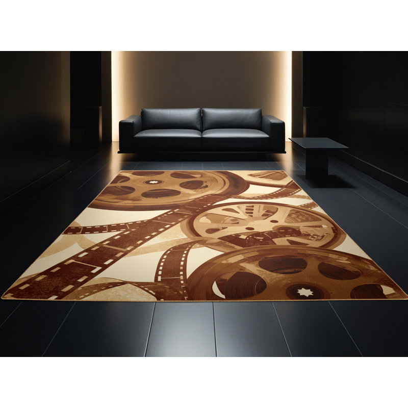 Soft Plush Tenafly Film Reel Vintage Vintage Look Area Rug in Brown – LightBrown Binding, 4x6