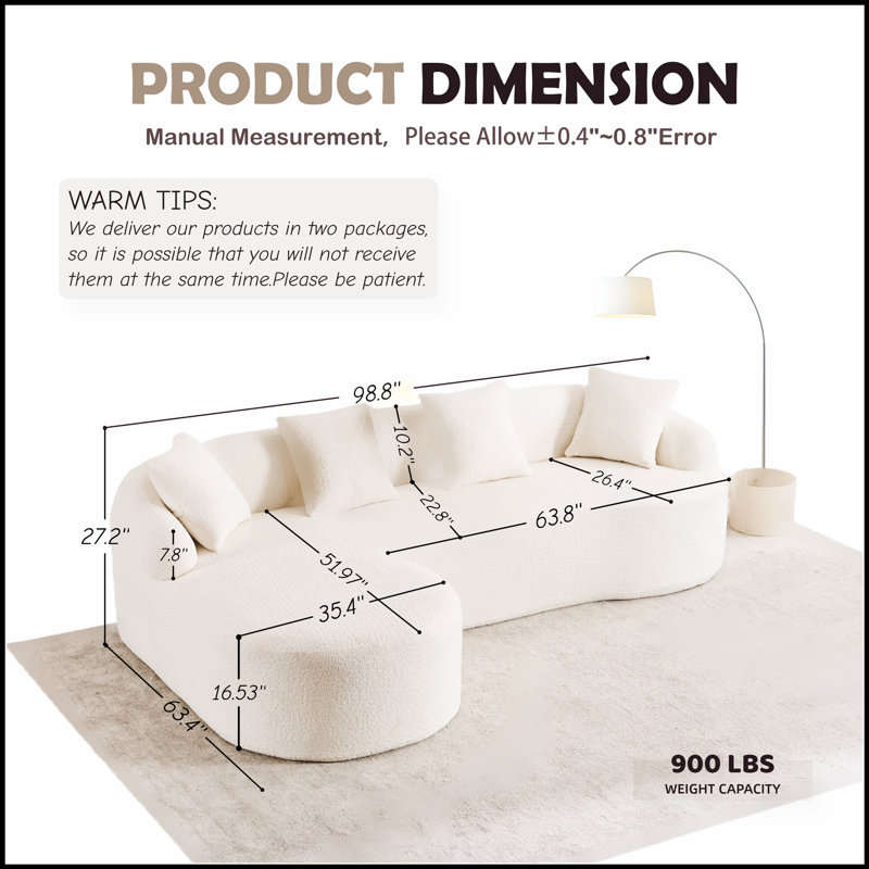Canapé modulaire en forme de L avec méridienne incurvée Boneless, H 28 po x l 99 po x P 60 po, Blanc