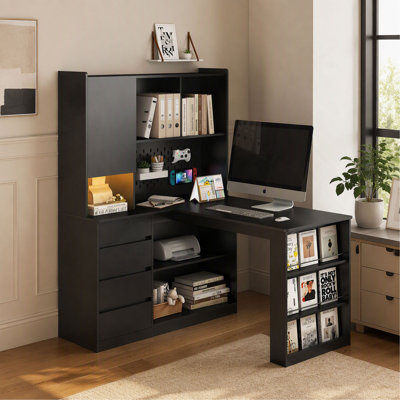 L-Shaped Desk with Drawers, Bookshelf & LED Light, Modern Corner Gaming Desk