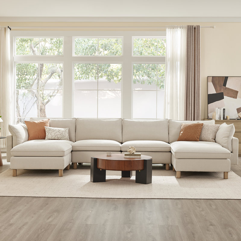 Solena  161.4" W 6-Piece Upholstered Modular Sectional  Sofa With Solid Wood Base, Cream Polyester