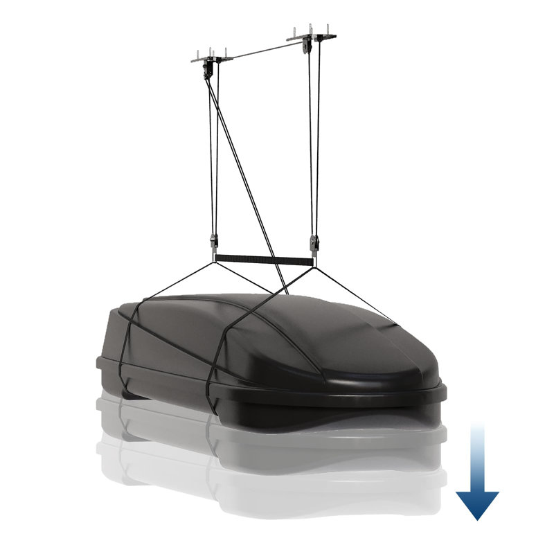 Système de poulie de garage Cargo Box, treuil de plafond robuste pour les boîtes de chargement sur le toit, capacité de 150 lb, convient aux plafonds de garage de 10 à 14 pieds, comprend des sangles réglables et des cordes de 20 m, peu encombrant