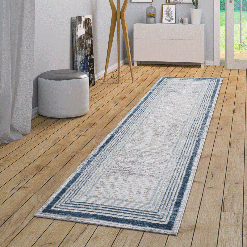 Tapis tissé à la machine bleu / ivoire / géométrique Naar Marfi, Tapis de couloir 2 pi 2 po x 8 pi