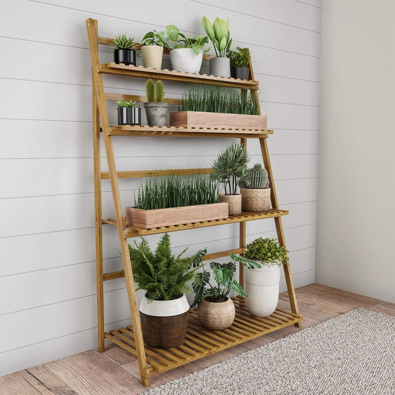 Échelle à 4 niveaux, support de rangement pliable en bambou pour l'intérieur et l'extérieur, organisateur de présentation autoportant pour plantes, chaussures et décoration