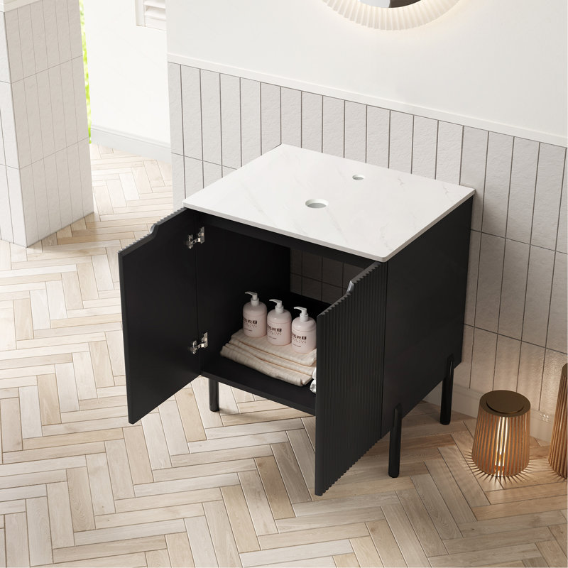 24" Freestanding Cabinet Without basin, with White Sintered Stone Counter Top and 2 Doors, Black