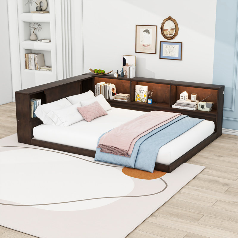 Queen Size Wooden Daybed with Built-In Storage, LED Lighting and Charging Station, Brown