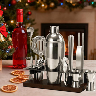 Ensemble barman 23 pièces, ensemble shaker à cocktail avec support | Ensemble de mélangeur de bar avec tous les outils de bar essentiels: Martini Shaker, Jigger, Passoire, Muddler, Verseurs, pour la maison, le bar, la fête (noir)