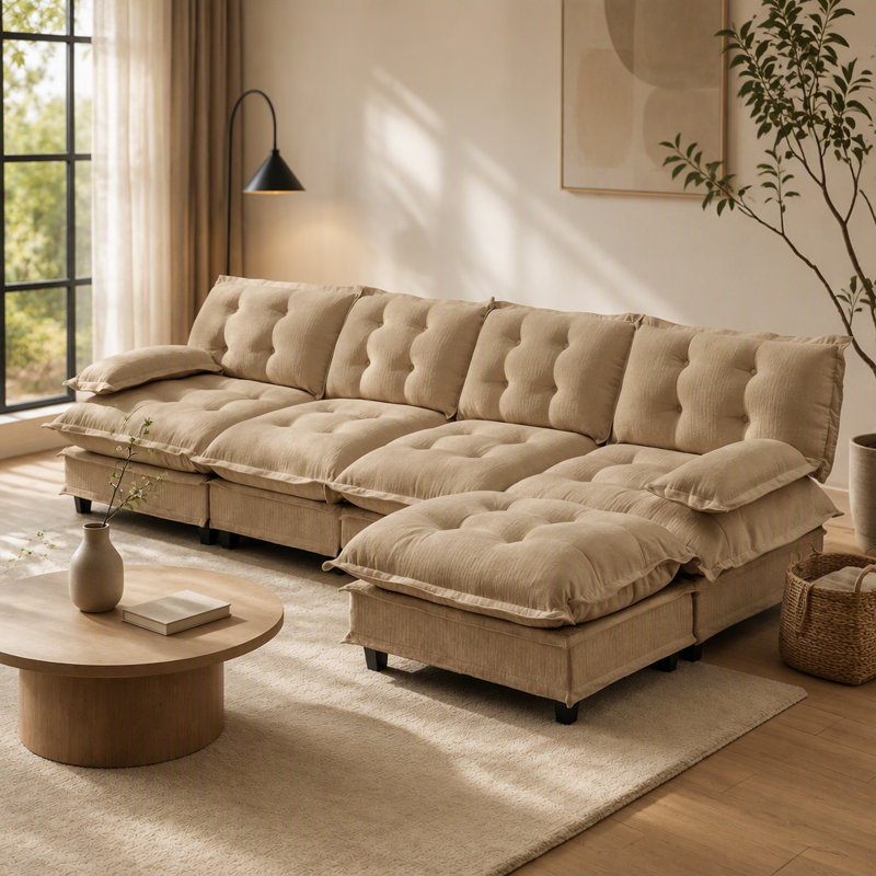 Canapé moderne en forme de L de 138 pouces avec repose-pieds, assise profonde en chenille 4 places, coussin en treillis confortable, café clair