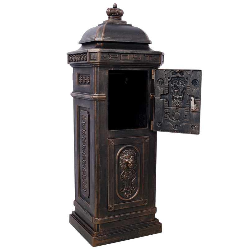 Boîte aux lettres résidentielle au sol, 35,5 x 33 x 101,5 cm, monobloc, en aluminium moulé, bronze, grande capacité, design vintage avec statue et colonne romaine, pour allée de jardin