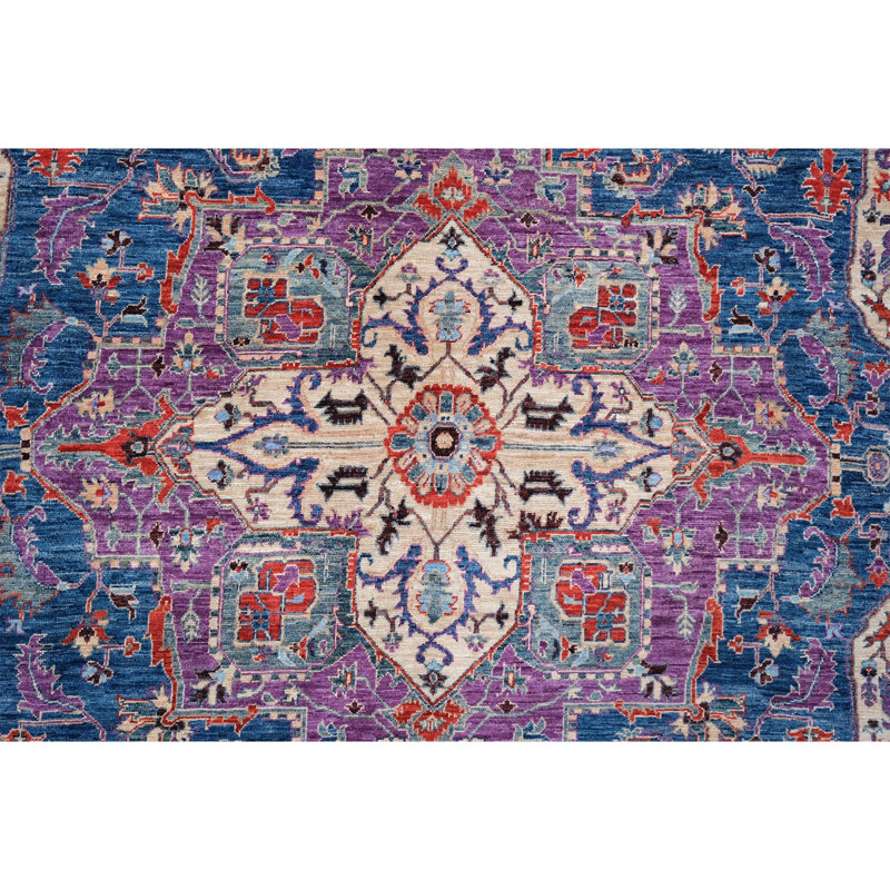 Tapis bleu marine et mauve de haute qualité noué à la main