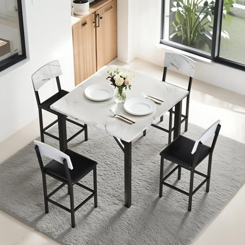 Ensemble de table et chaises de salle à manger 5 pièces pour 4 personnes, ensemble de table de salle à manger moderne avec table en bois et structure en métal, ensemble de table de salle à manger de cuisine compacte avec 4 chaises en cuir pu pour app
