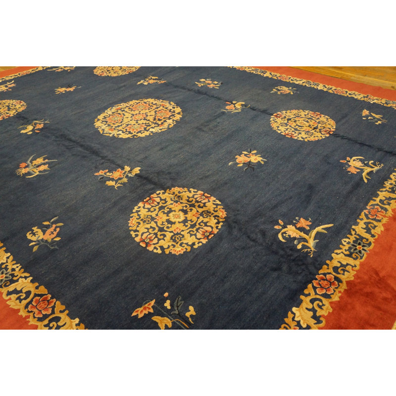 Antique Peking Chinese Floral Blue, Red 1930s Rug