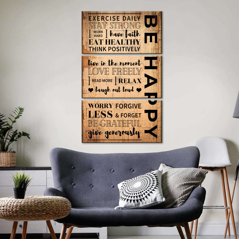 «How To Be Happy», ensemble de 3 citations sur toile, H 74 po x l 48 po x P 1,25 po