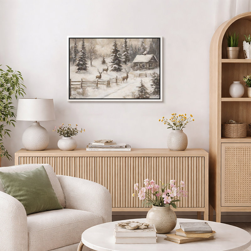 Hiver, campagne rustique, Noël, cerf, pin, forêt, décor de vacances, impression sur toile encadrée, Cadre flottant blanc