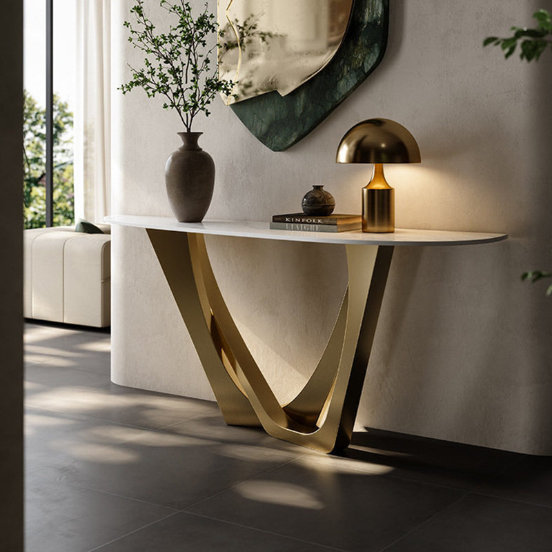Console légère en métal de style luxueux, Doré, Gris / Blanc, H 33,4 po x l 47,2 po x P 15,3 po