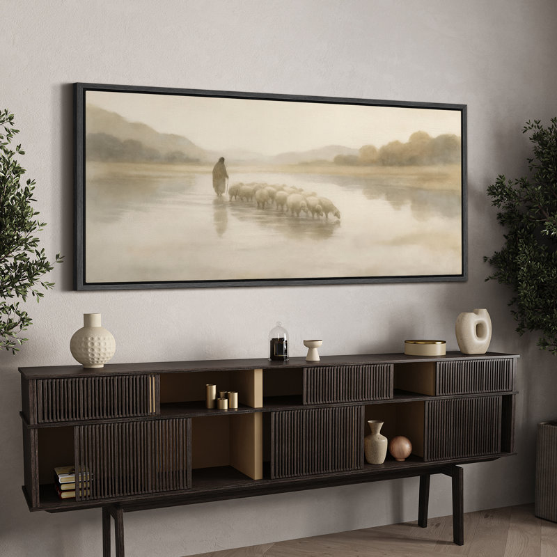 Grande impression sur toile encadrée, "Jesus and Sheeps Print for Faith", décoration murale, Noir, H 30 po x l 60 po