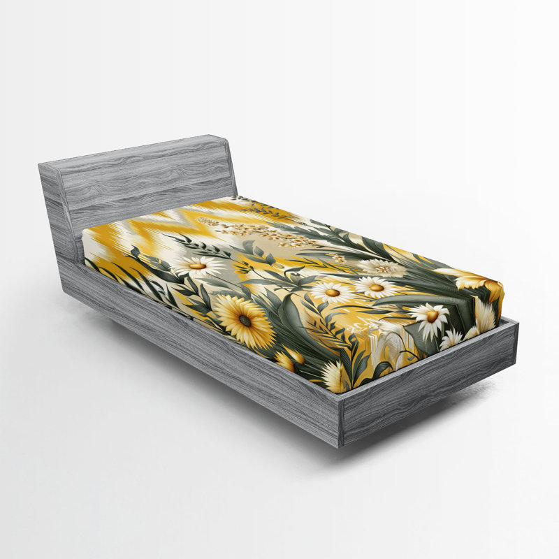 Drap-housse Ambesonne Floral Eucalyptus_ Chevron botanique_ Moutarde et vert laurier, Drap-housse de taille simple