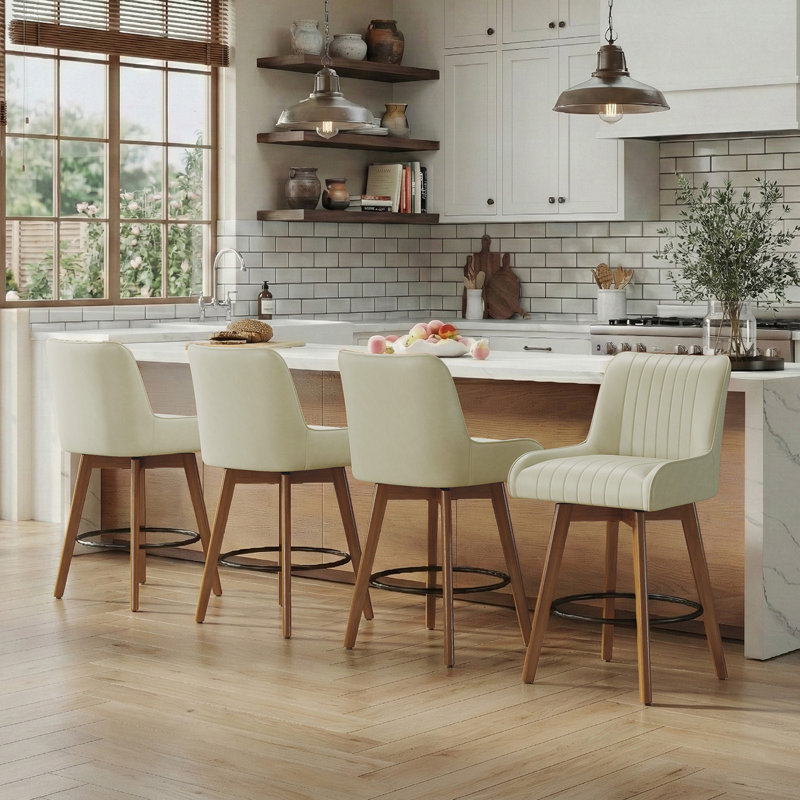 Tabouret de bar pivotant extra large à 360 ° avec siège à ressorts ensachés et base en bois massif, Beige