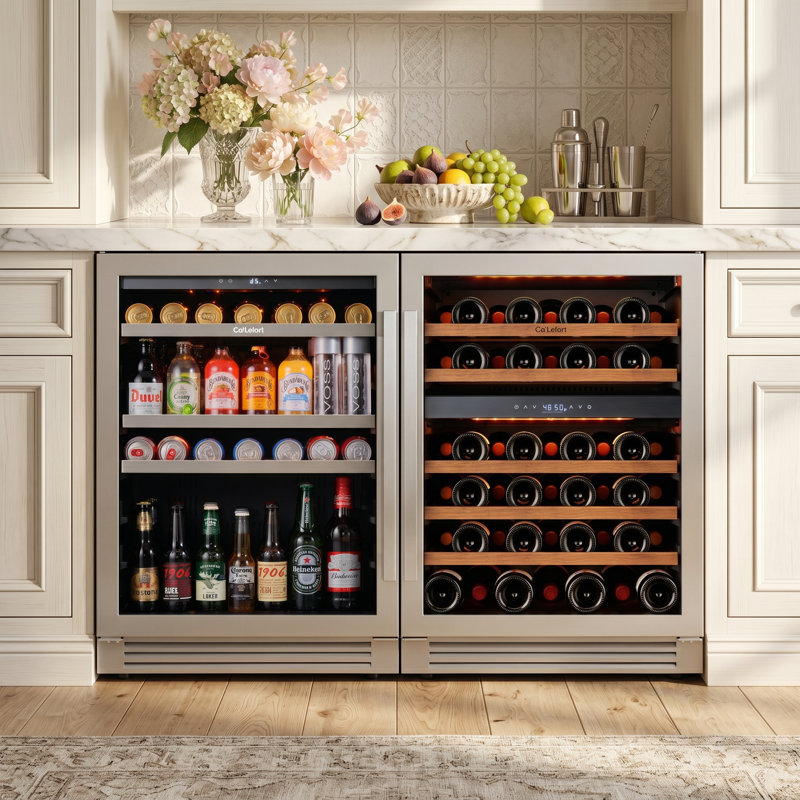 24 In Wine&beverage Refrigerator Combination, 3-Temperature Zones,24" Dual-Zone Wine & Beverage Fridge– 52-Bottle Dual-Zone Wine Fridge + 200-Can Beverage Cooler, Built-In/Freestanding, Stainless Steel, UV Glass, Adjustable Shelves, LED Light(2 Units)