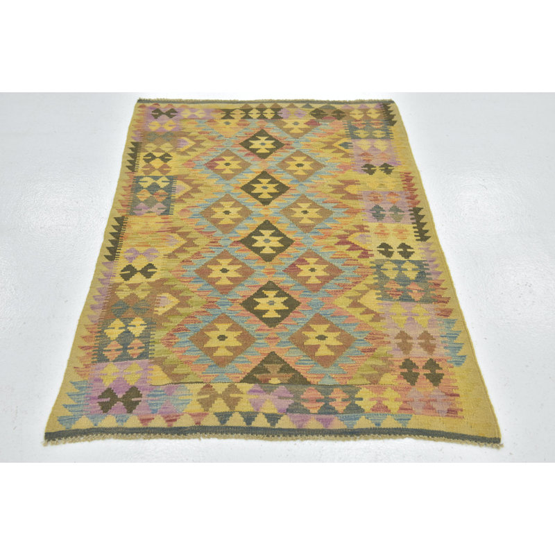 Tapis de zone en laine 3 pi 3 po x 4 pi 10 po one-of-kind à la main-noué la Lorain