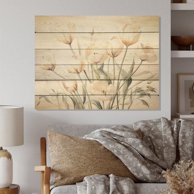 Beige Embellished Tulips Symphony - Tulips Wood Panel Wall Art On Natural Pine Wood