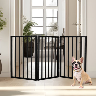 PETMAKER 3-Panel Indoor Pet Gate for Dogs and Small Pets, Foldable Freestanding Dog Fence for Stairs, Hallways, Doorways, Wooden Pet Barrier, Black Finish with Easy Storage Panels