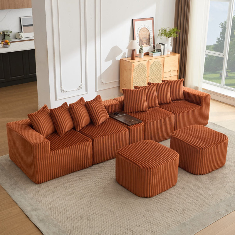 137.5" Modular Corduroy U Shaped Sofa, Orange Corduroy
