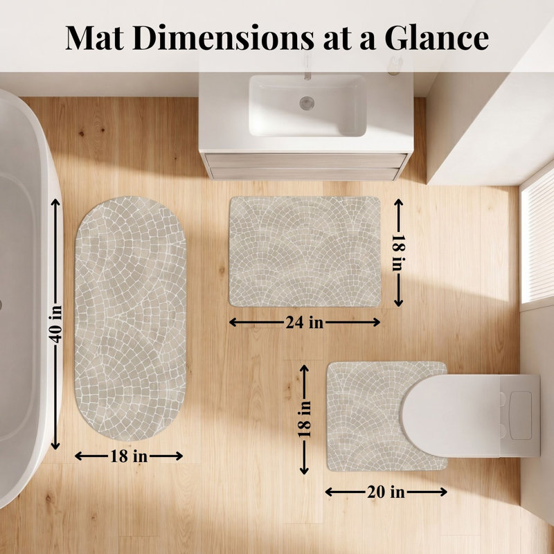 Ensemble de tapis de bain décoratif 3 pièces - Comprend standard, tapis de couloir et contour, Beige mosaïque