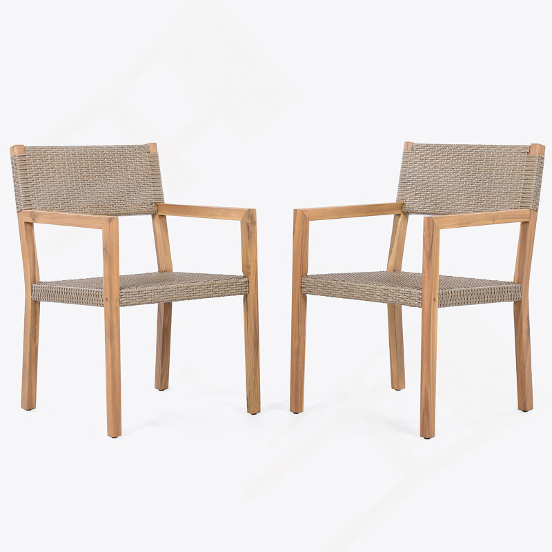 Ensemble de 2 chaises de salle à manger d'extérieur, structure en bois d'acacia teck clair et osier PE brun clair, idéal pour les patios et les jardins