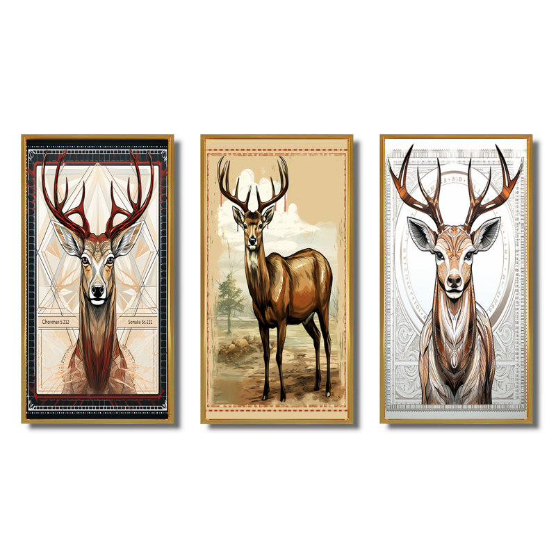 Majestic Deer Retro Illustration - Animals Deer Art Set Of 3 Pieces, Encadrement doré, H 32 po x l 48 po