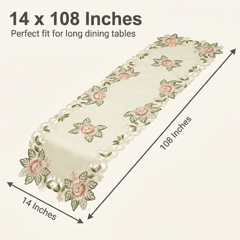 Chemin de table en dentelle crème avec découpes brodées de la collection Bryton pour une table de salle à manger ou un décor de Noël