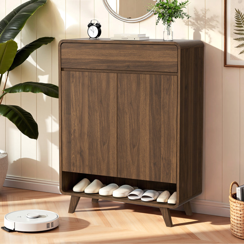 Shoe Cabinet with 2 Doors, Shoe Storage Cabinet with 1 Drawer & Rounded Corner, 4-Tier Shoe Rack with Adjustable Shelf, Shoes Cupboard for Living Room, Entryway, Hallway
