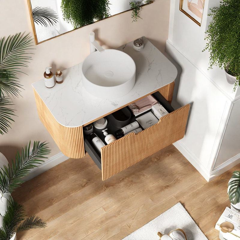 Meuble-lavabo moderne 36 "avec lavabo et rangement en céramique, finition grain de bois
