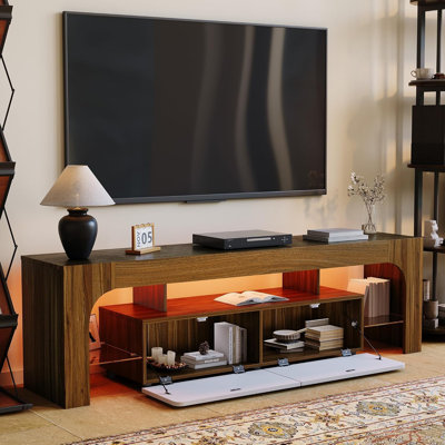 Modern TV Stand, Engineered Wood with LED Lighting, 2 Drawers & Open Shelves, Fits TVs Up to 70", Walnut Finish for Living Room or Bedroom