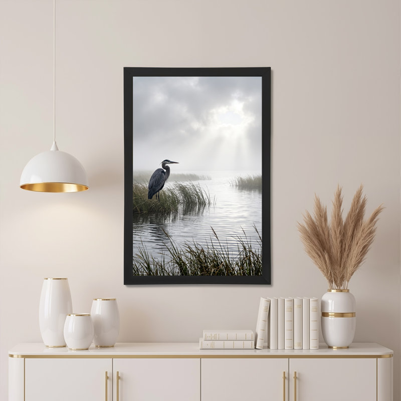 «Great Blue Heron In Misty Marsh With Reeds», art mural sur toile, H 18 po x l 12 po