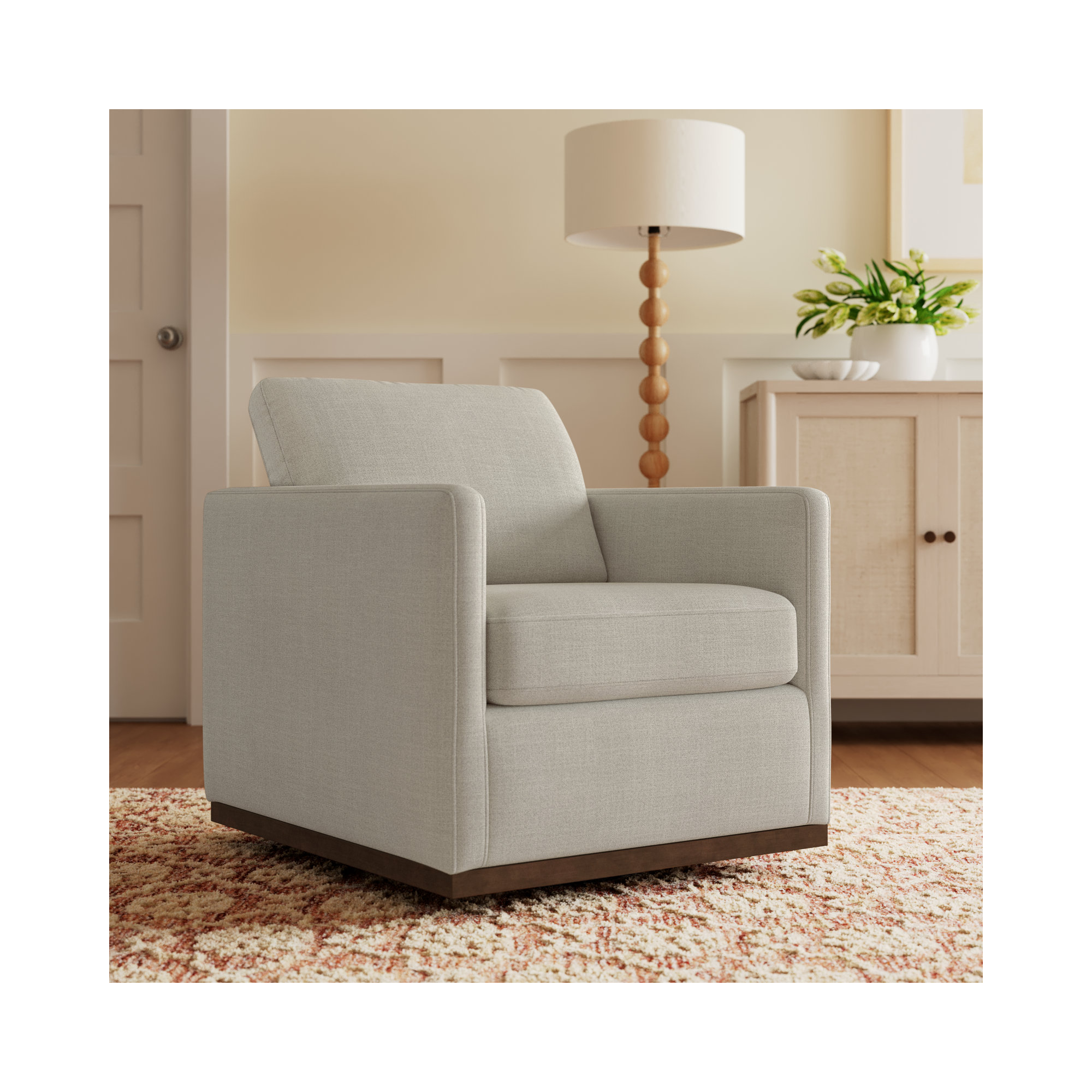 Bobbi Upholstered Swivel Armchair, Effie Linen Performance Linen