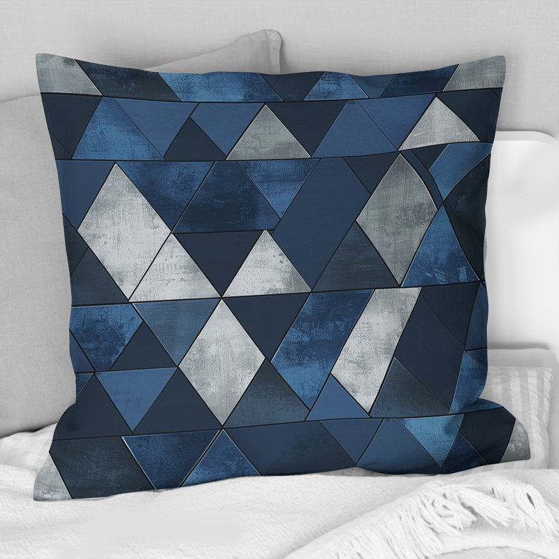 Triangles bleus et blancs III - Coussin décoratif moderne, H 18 po x l 18 po