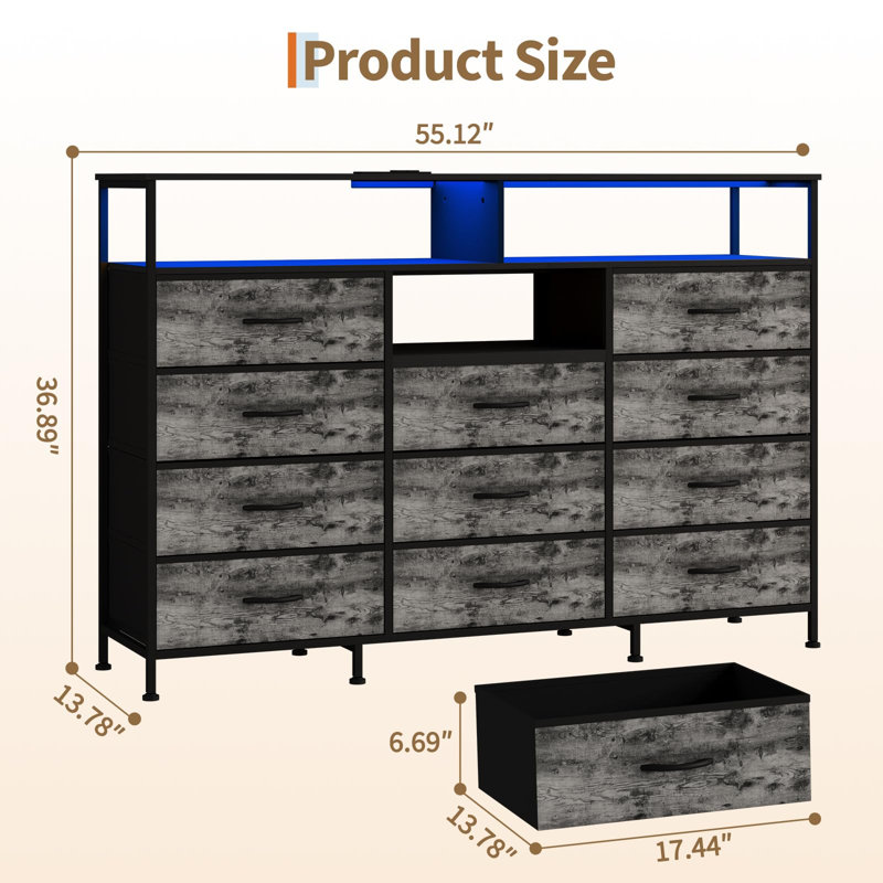 55.1" 11 Drawer Fabric Dresser with LED Lights, Power Outlet & Open Shelves, Gray