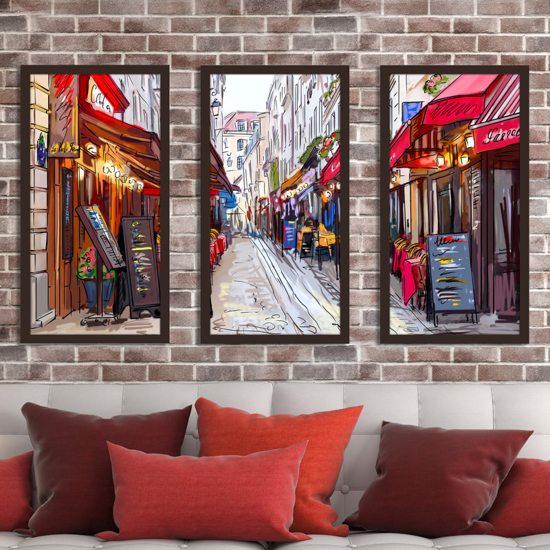 "Les restaurants", ensemble de 3 reproductions d'art encadrées, H 33,5 po x l 52,5 po x P 1 po