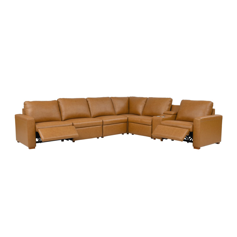 132" W Hudson Recliner Leather-Matched Sectional, Yellow Leather Match